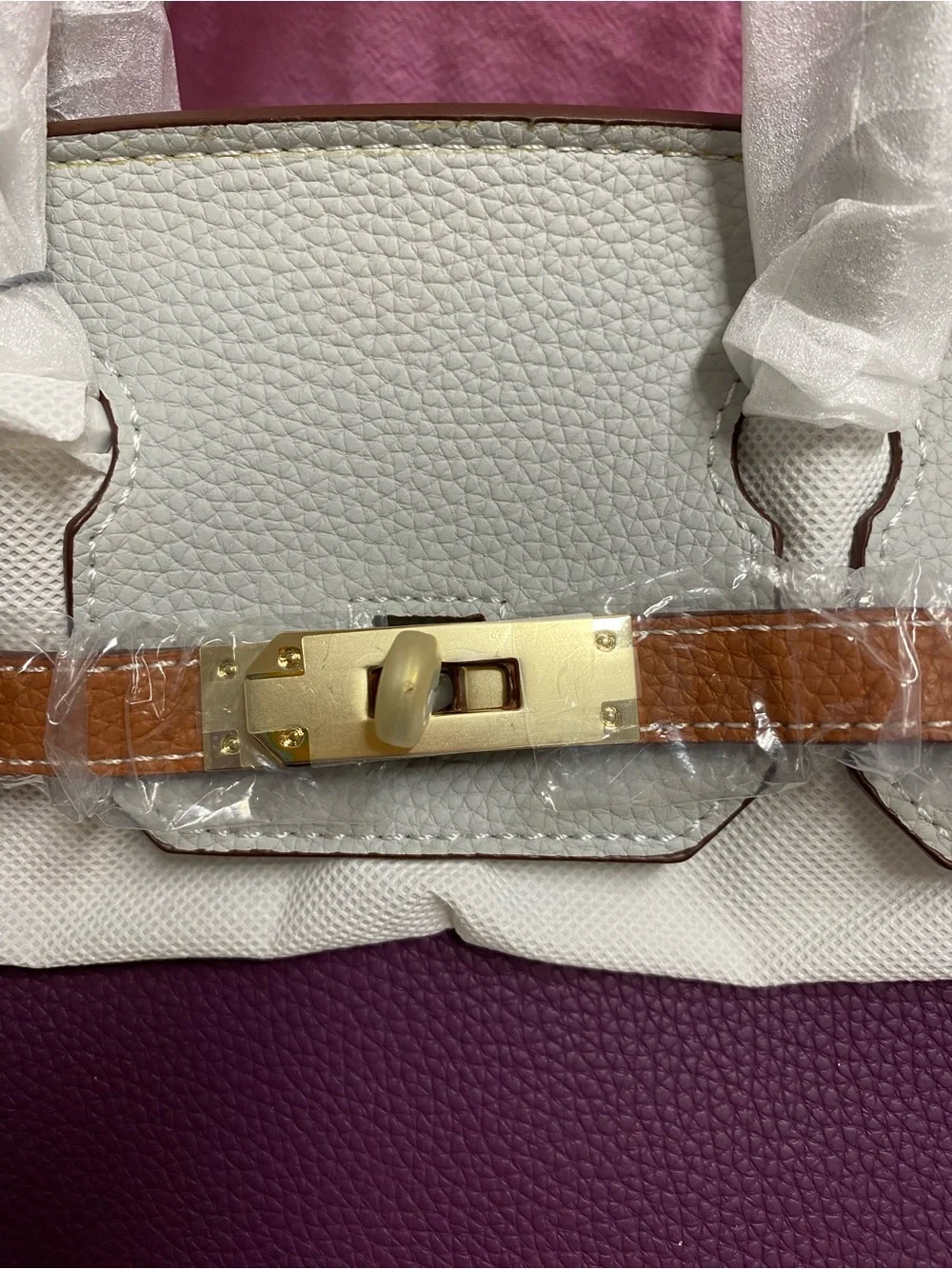 Women's Tri-Color Leather Tote Bag - Purple, White & Brown